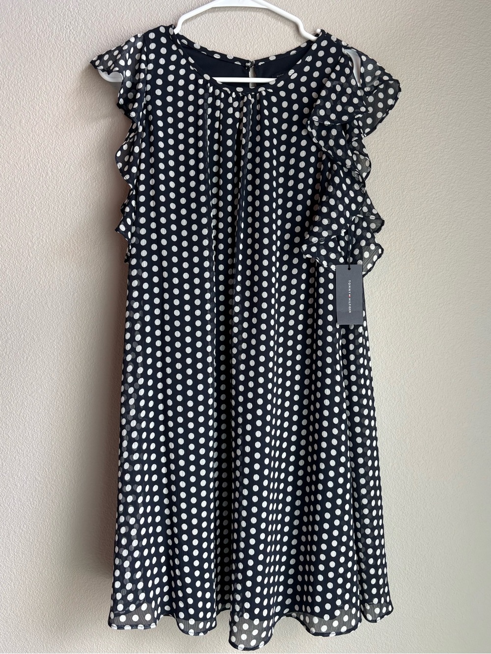 Tommy Hilfiger Navy and White Polka Dot Ruffle-Sleeve Dress